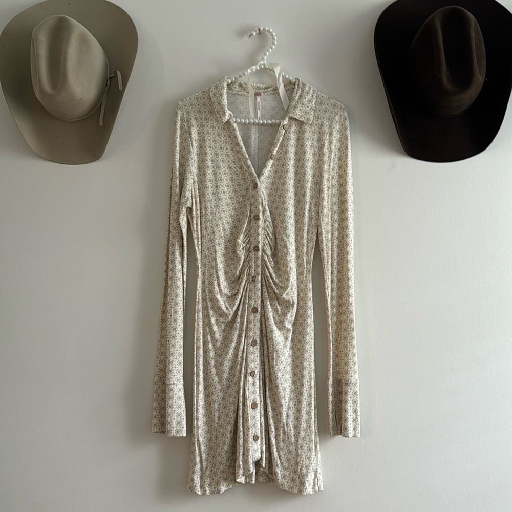 Free People Summer Long Sleeve Button Down Cream Patterned Dress or Duster